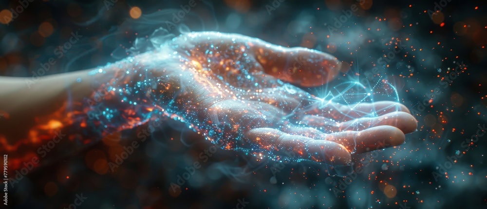 Poster symbol of the metaverse universe being touched by a woman's hand, digital transformation conceptual 