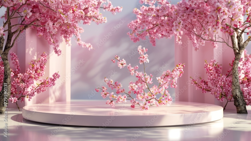Poster This backdrop features a spring sakura cherry blossom landscape scene. 3D rendering...