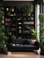 cozy living room setup with a large, comfortable couch surrounded by books and plants