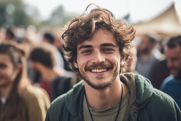 Fototapeta premium young man is attending a music festival. The atmosphere is bustling and lively 