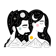 Vector illustration with man and woman, nature mountain landscape and hand drawn elements like planets, lines, stars and moon. Trendy romantic print design with couple in harmony and love - 779590738