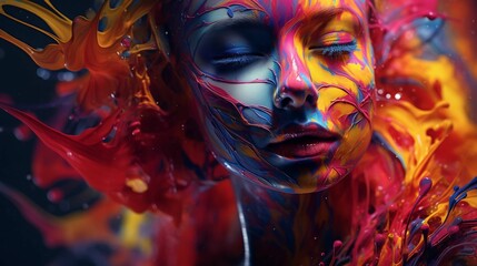 AI generated illustration of an oil painting of a woman against a vibrant abstract background