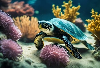 AI generated illustration of a turtle in a vibrant aquarium habitat with sea urns and corals - obrazy, fototapety, plakaty