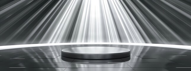 Abstract silver podium pedestal in futuristic geometric space with light rays, background