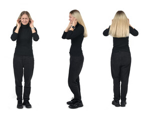 front,side and back view of a woman cover his ears on white background - 779590917