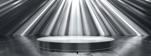 Obraz premium Abstract silver podium pedestal in futuristic geometric space with light rays, background