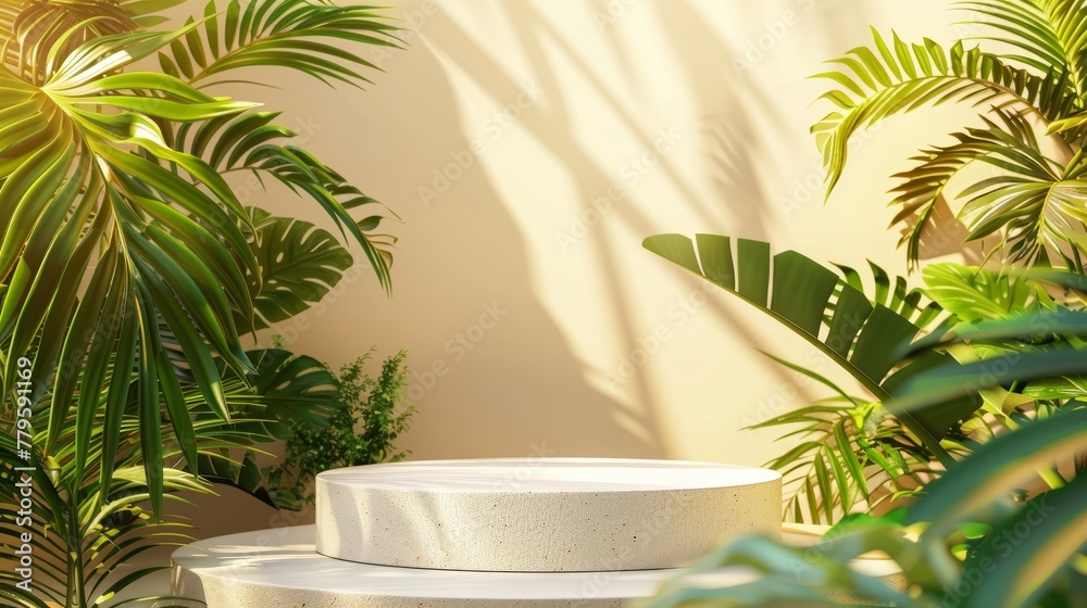 Fototapete this 3d rendering shows a tropical summer scene with a podium for displaying products.