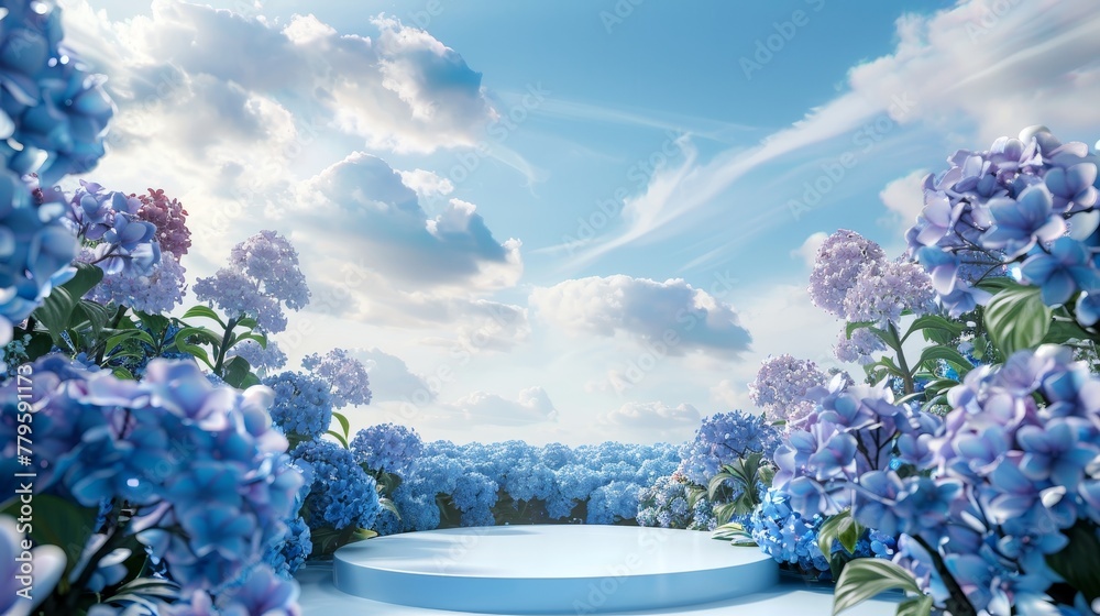 Poster The backdrop of a natural beauty podium is a Hydrangea flower field. This is a 3D rendering of the backdrop...