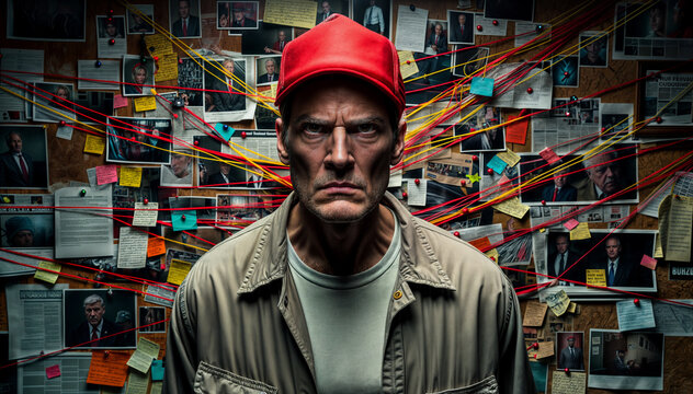 Angry man in red cap standing in front of his wall of conspiracy theories