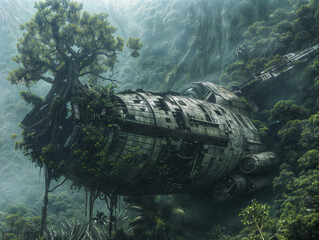 Old crashed spaceship reclaimed by nature - obrazy, fototapety, plakaty