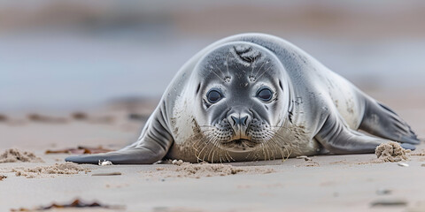 potrait of Cute harbor seal lounging on the shore on the sand background