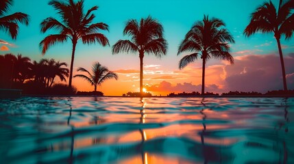Fototapeta na wymiar AI generated illustration of palm trees silhouetted against tropical sunset by the pool