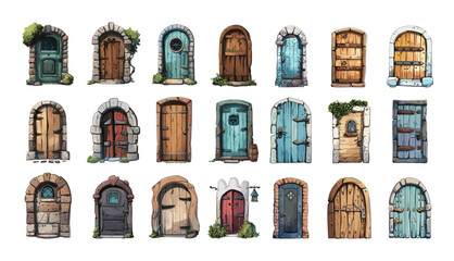 Old doors cartoon vector set. Wooden medieval metal hinges handle passages windows elements stone tiles gates castles towers fortresses dungeons entrances illustration isolated on white background - obrazy, fototapety, plakaty