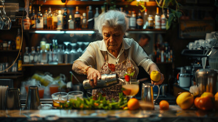 AI generated illustration of an old lady bartender finishing cocktails - obrazy, fototapety, plakaty