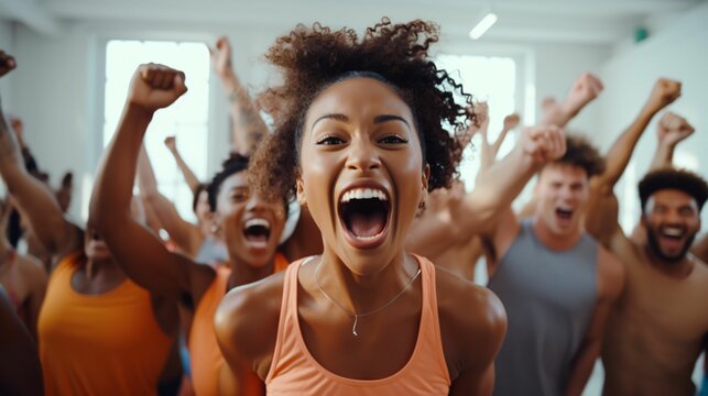 Group of cheerful young people screaming with excitement. AI-generated.