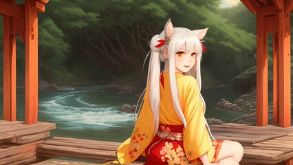 AI generated illustration of a cute anime girl with cat ears sitting near a river