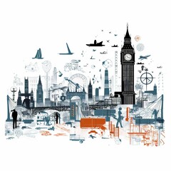 AI generated illustration of a poster design with various symbols of London, United Kingdom