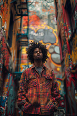 Fototapeta na wymiar African American man standing in urban environment with buildings covered in street art