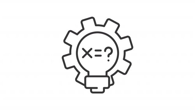 Animated math equation icon. Mathematical formula line animation. Rotating gear. Increasing question mark. Black illustration on white background. HD video with alpha channel. Motion graphic