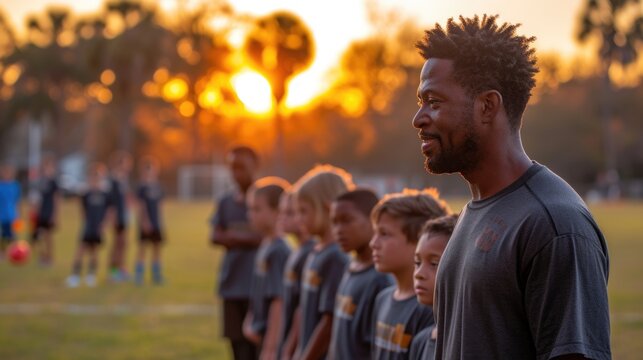 Soccer coach training with kids at sunset