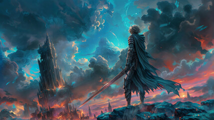 Fantasy concept art for video games or story featuring a hero with a large sword looking at a castle in the distance