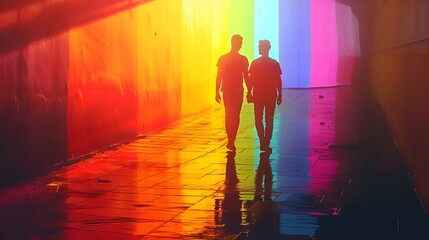 AI-generated illustration of A couple strolling under a brightly lit corridor with rainbow lights