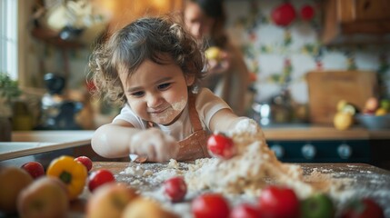 AI generated illustration of a child messing around with food in a kitchen