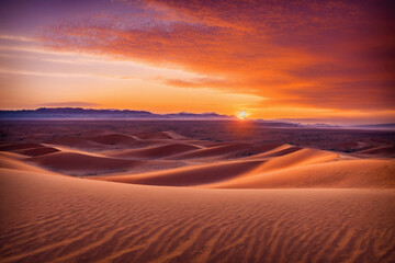 Vivid red sunset in the desert. Beautiful desert landscape