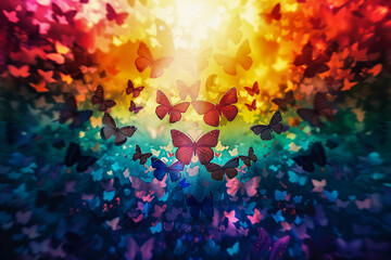 A kaleidoscope of butterflies against a rainbow sky, representing transformation and freedom. - obrazy, fototapety, plakaty
