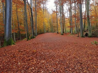 A forest with a path through it and leaves on the ground. The leaves are orange and yellow