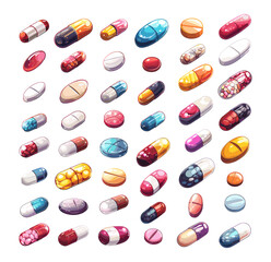 Pills cartoon vector set. Antibiotics antipyretics antiviral medical analgesic pharmaceutical human health drugs tablets isolated on white background