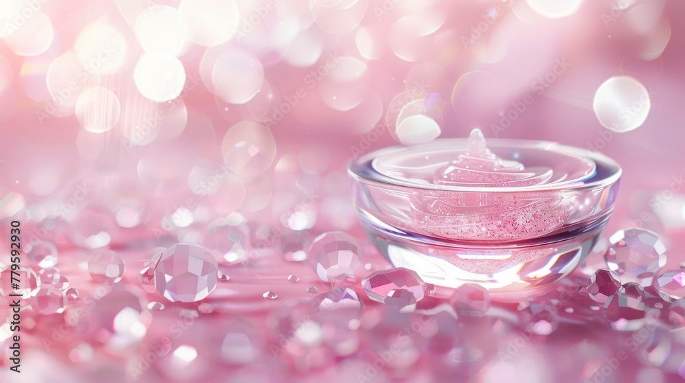 Poster stunning crystal glass bokeh background for cosmetic product displays. 3d rendering. top view.