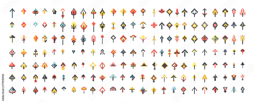 Poster Pixel pointers colored big vector bundle. 8 bits arrows hover cursor computer navigation ui interface elements, minimalistic graphics different forms icons isolated on white background