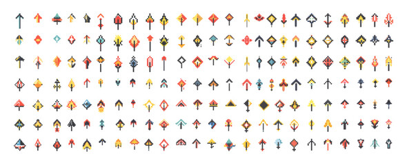 Pixel pointers colored big vector bundle. 8 bits arrows hover cursor computer navigation ui interface elements, minimalistic graphics different forms icons isolated on white background