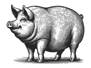 Obraz premium Fat pig in a vintage engraving style, with detailed shading and textures sketch engraving generative ai fictional character raster illustration. Scratch board imitation. Black and white image.