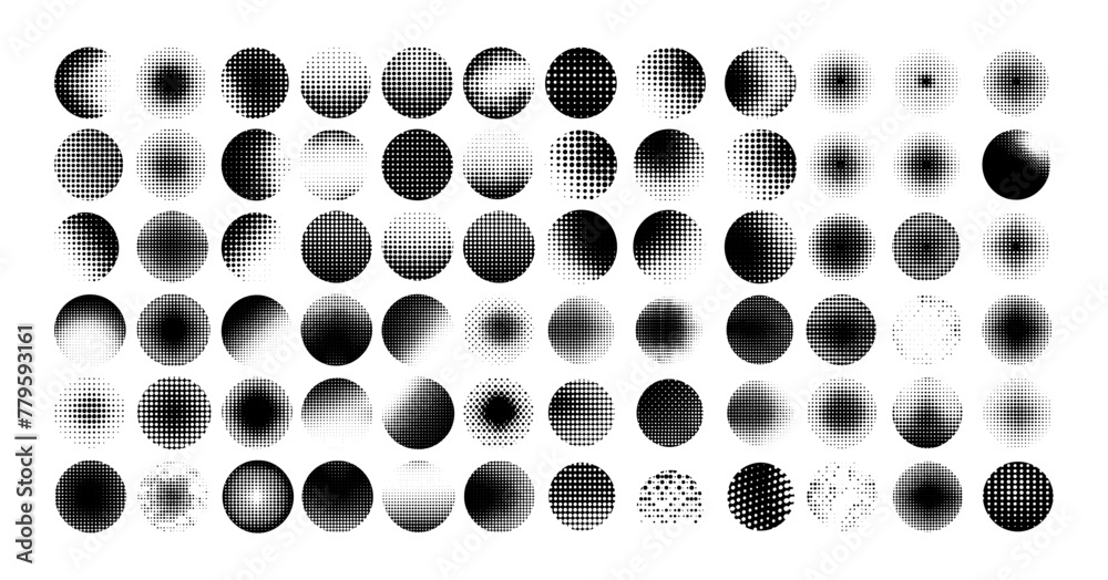 Wall mural point halftone circle vector set. round monochrome gradient shapes black dots abstract icons isolate