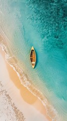 Obraz premium Serene beach aerial with wooden canoe