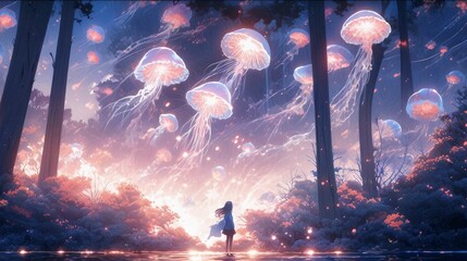 Girl stands in a surreal environment looking at giant floating jellyfish. AI-generated. - obrazy, fototapety, plakaty