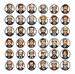 Politicians avatars cartoon vector set. World leaders prime ministers presidents eyeglasses business suits ties accessories characters colored icons isolated on white background