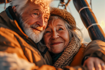 older couple taking a ride inside a hot air balloon at sunrise