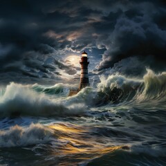 Lighthouse standing tall against a backdrop of the raging sea. AI-generated. - obrazy, fototapety, plakaty