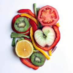 Bunch of fruits and vegetables shaping heart on a white background