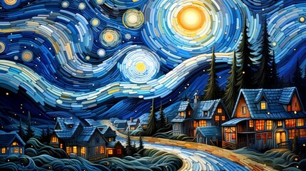 an acrylic painting showing a starry night sky over a village