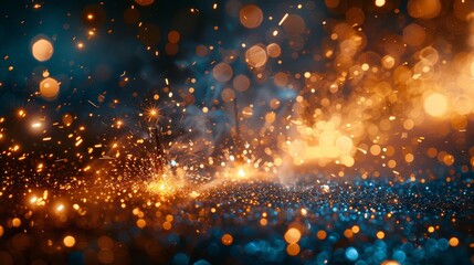 Fototapeta na wymiar New Year sparklers against a background of bokeh, glitter, festive mood. Bright fire on blue background.