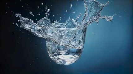 AI generated illustration of a glass of water with droplets of water splashing in the air - obrazy, fototapety, plakaty