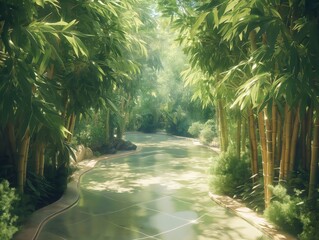 A path through a forest with a river running alongside it. The trees are tall and green, and the water is calm. The scene is peaceful and serene, with the sound of the water