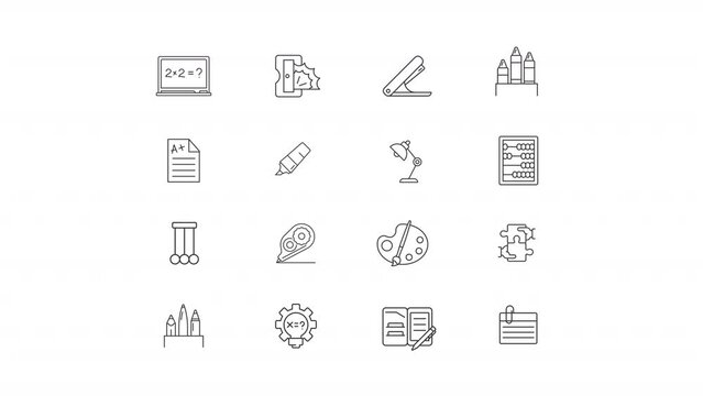 Animated stationery school icons. Educational supplies line animation library. Tip highlighter, drawing tools. Black illustrations on white background. HD video with alpha channel. Motion graphic