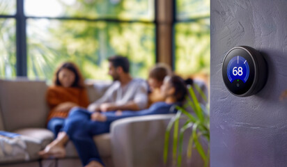 Modern Smart Thermostat and Relaxed Family - AI generated digital art
