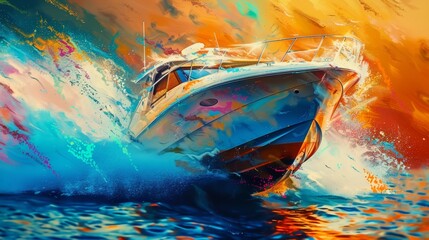 The art of boat painting in a cinematic 4K close-up, focusing on a speed boat receiving its vibrant hues