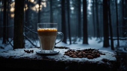 Glass of caffe latte drink in the winter forest - obrazy, fototapety, plakaty